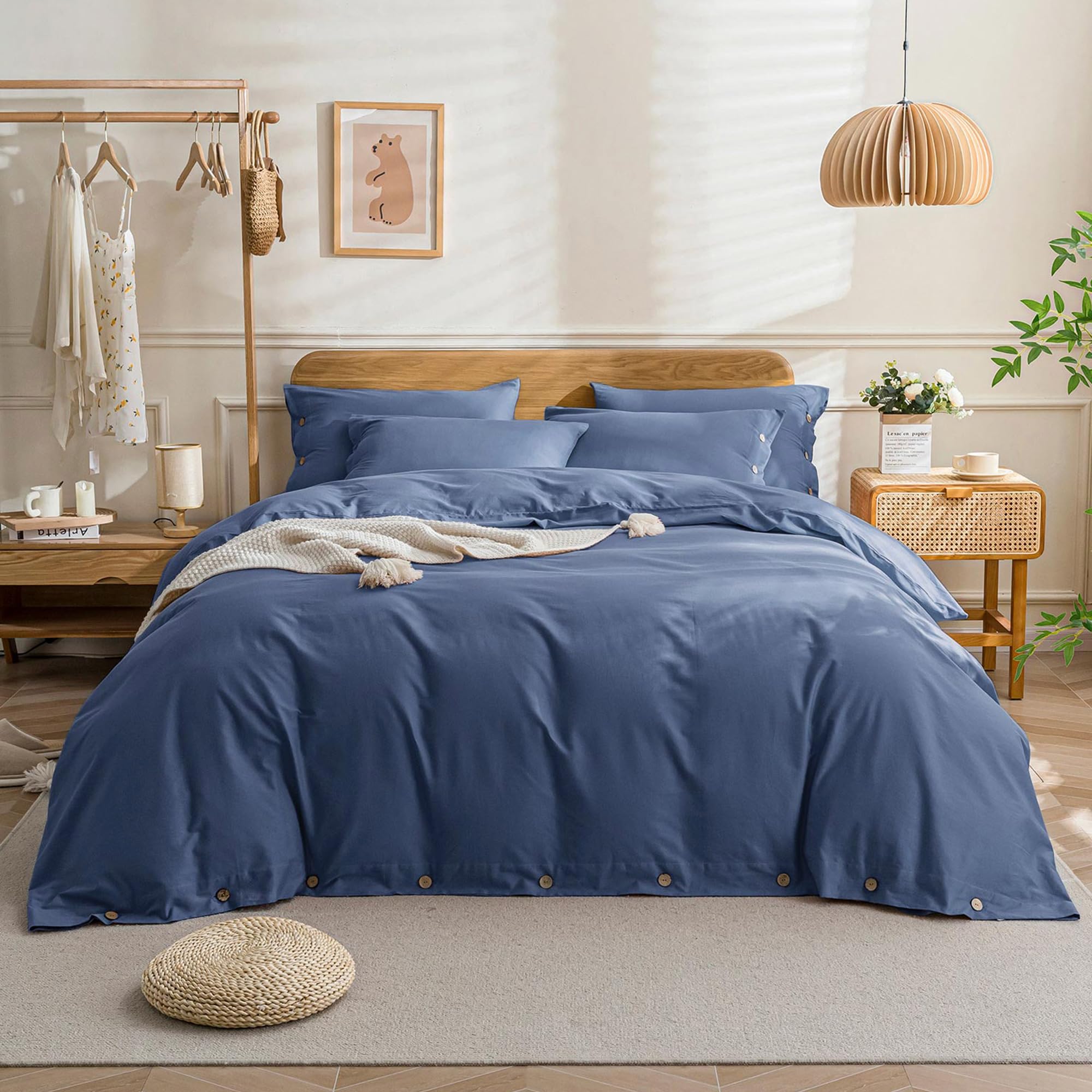 Jellymoni Blue Duvet Cover California King - 100% Washed Cotton Linen Like Textured Comforter Cover, 3 Pieces Breathable Soft Be